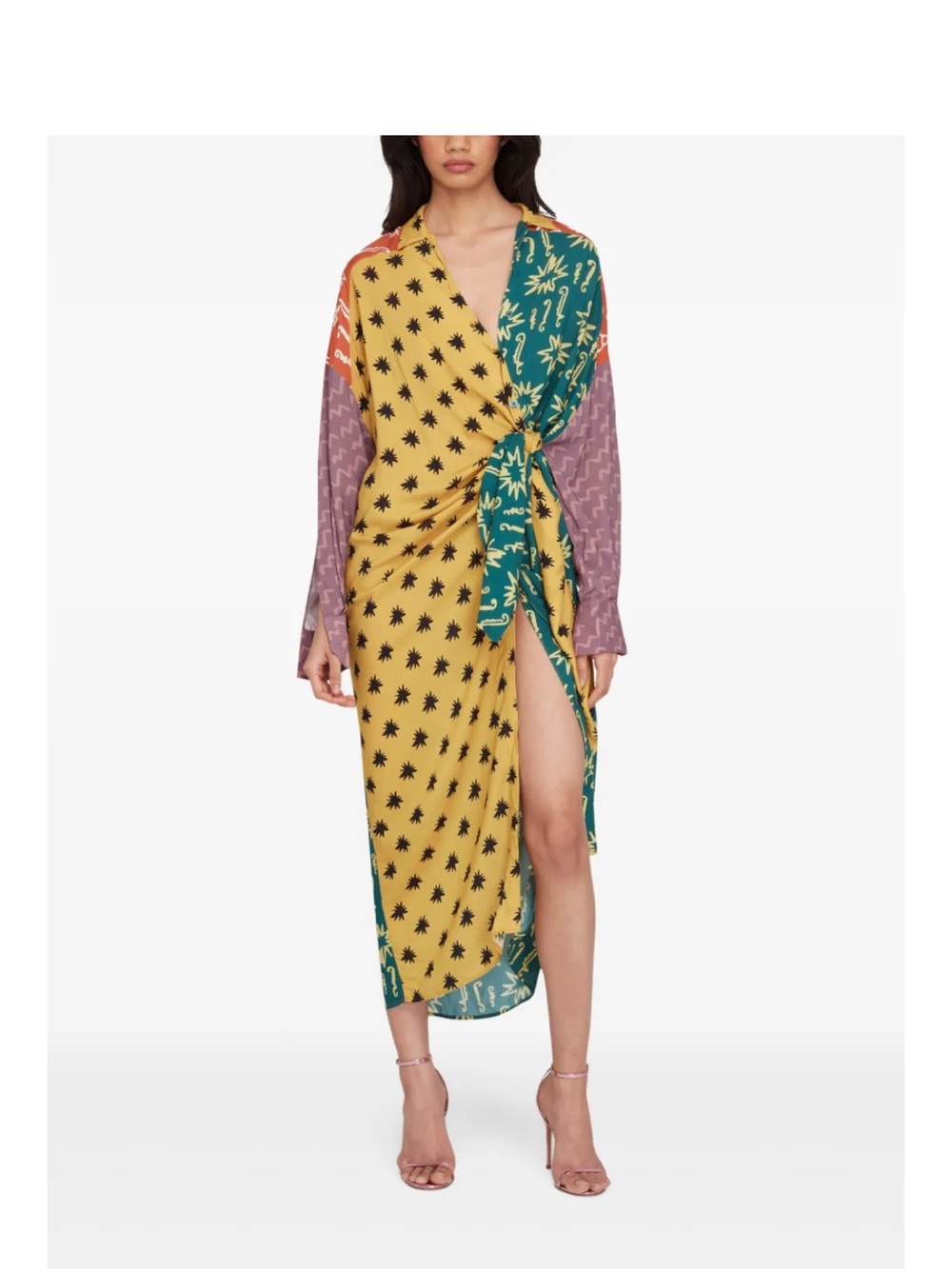 Donde Esteban Wrap Midi Dress in Yellow, Teal, Orange and Lavender